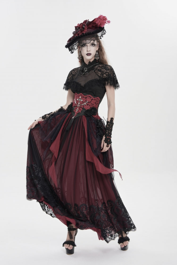 Crimson & Noir Embroidered Rose Underbust Corset with Lace Accents