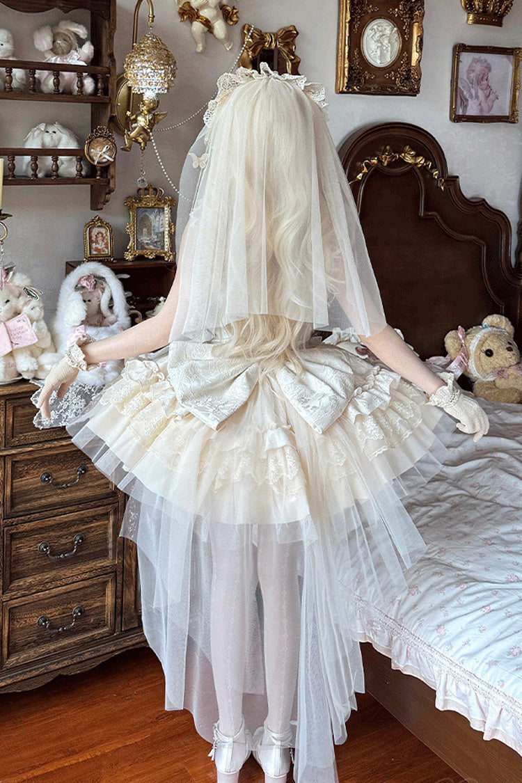 Ivory Sleeveless Multi-Layer Ruffled Bow Lace Lace-Up Sweet Princess Lolita JSK