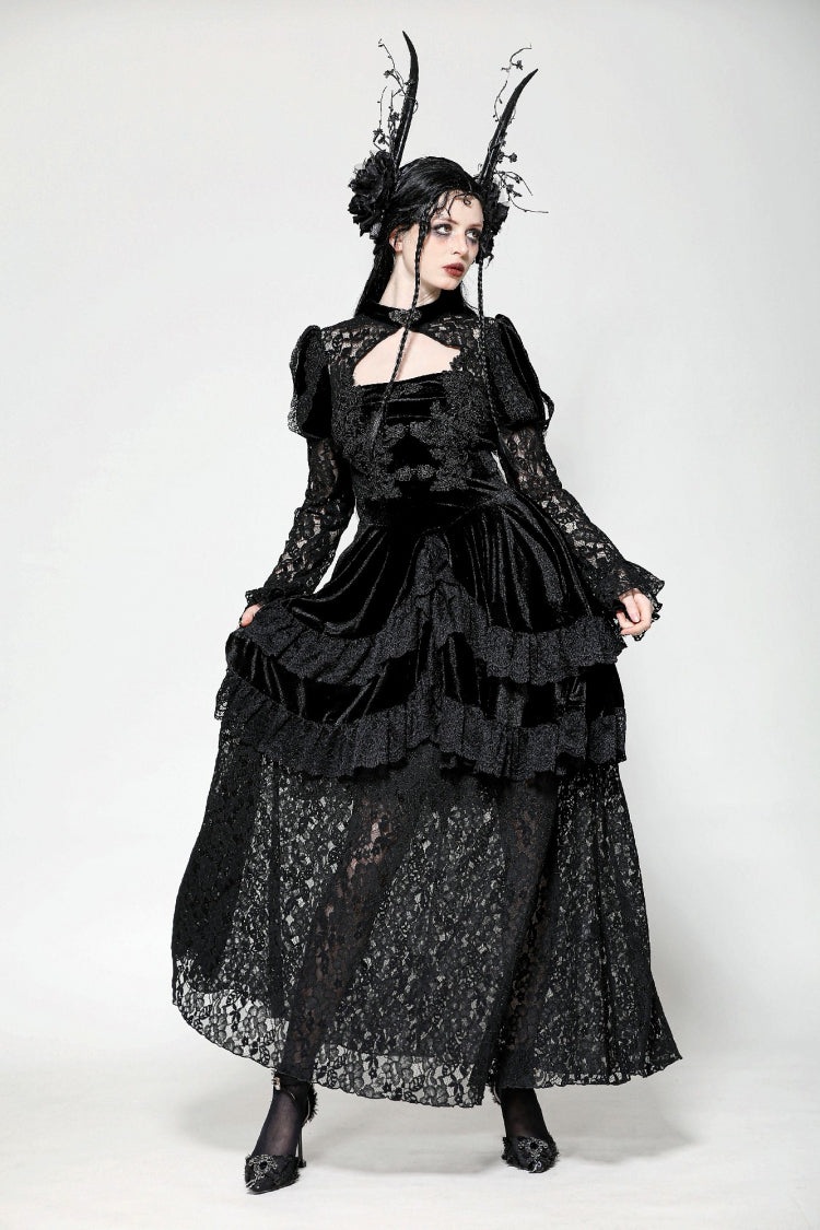 Jet-Black Gothic Evening Dress with Cutout Lace and Velvet Corset