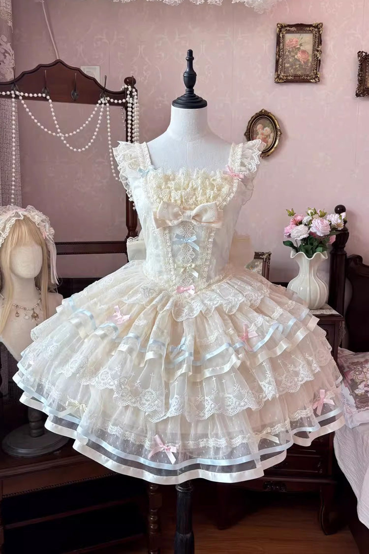 Ballet Apricot Triple-Layer Ruffle Bow Lace Sweet Lolita JSK Dress