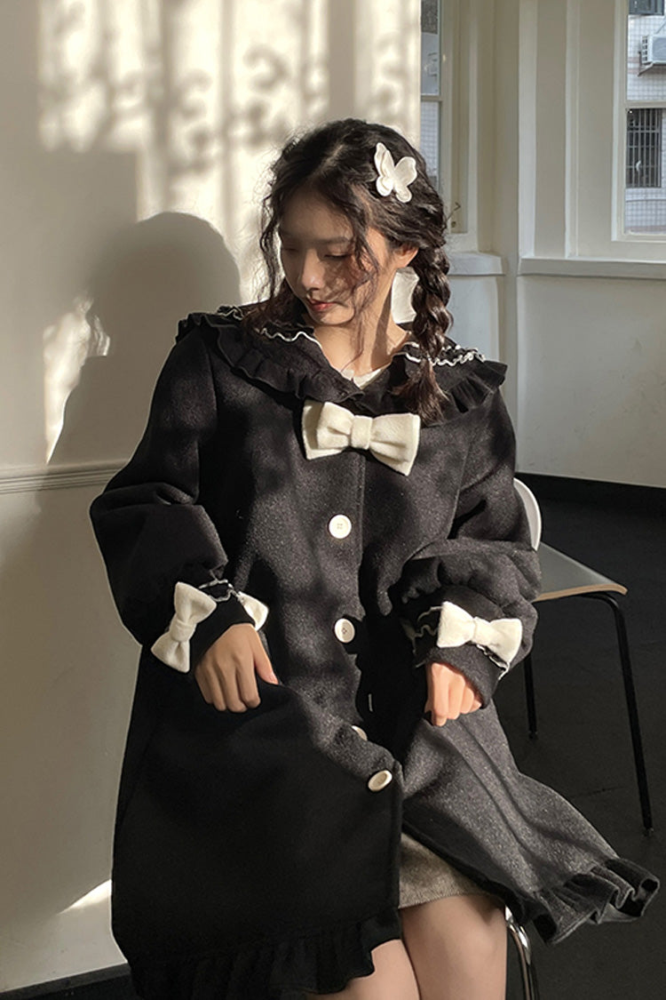 Doll-Collar Long-Sleeve Bow Princess Coat in Black