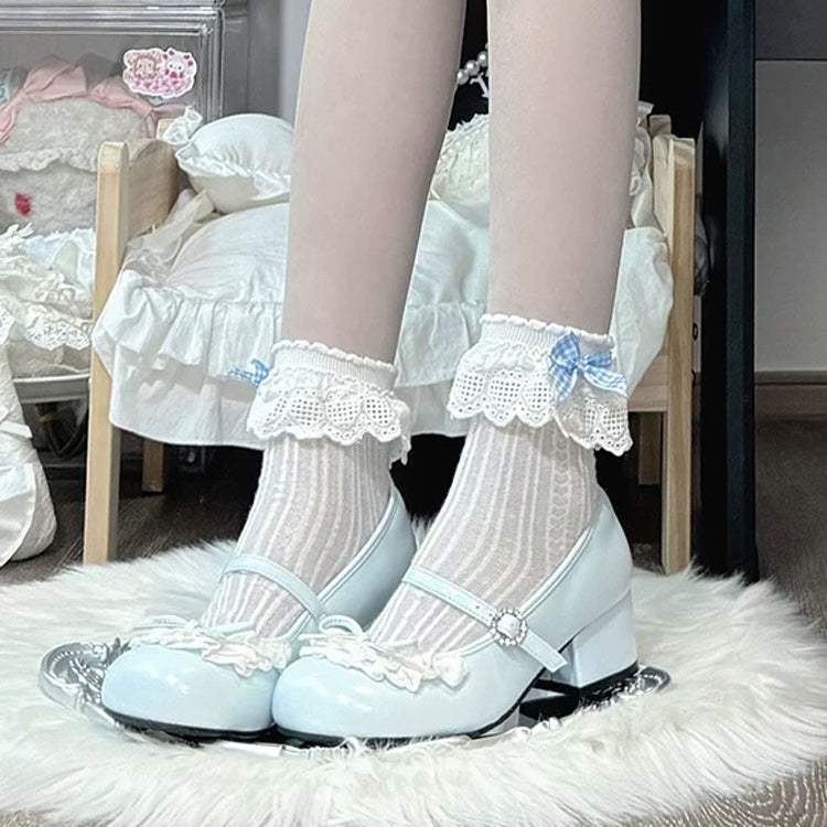 Azure Bow Lace Mid-Heel Round-Toe Sweet Lolita Mary Jane Footwear