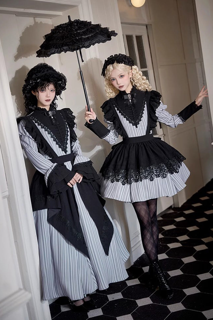 Grey Vertical-Stripe Bow Lace Gothic Gown