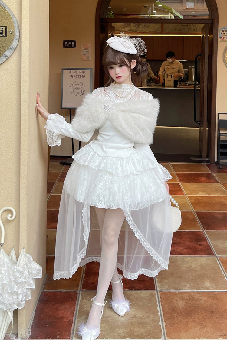 Ivory Long Sleeve Lace Irregular Sweet Skirt Set