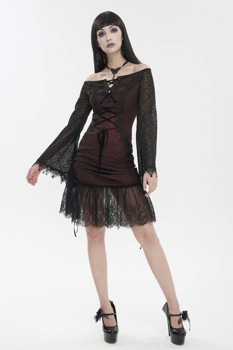 Red Textured One-Shoulder Lace Bell Sleeve Gothic Dress
