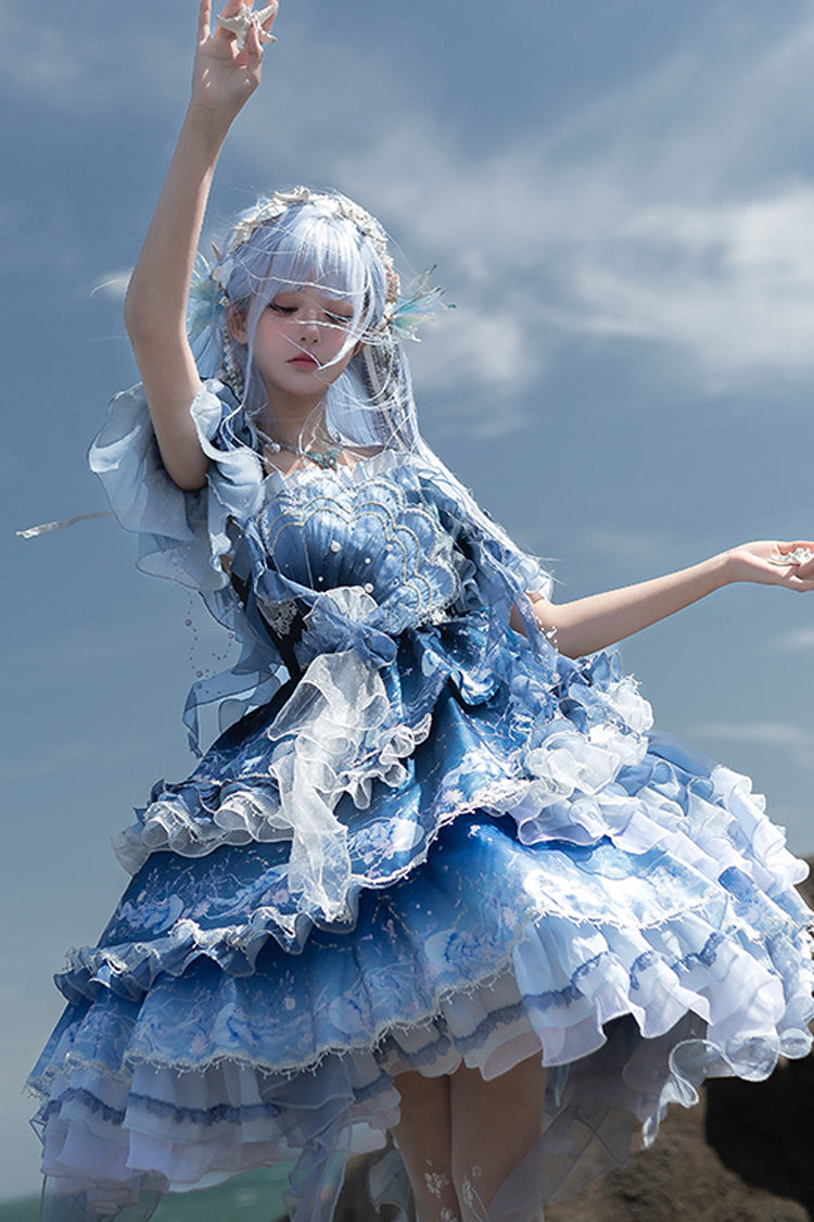 Blue Gradient Lace Embroidery Bowknot Asymmetric Elegant JSK Dress