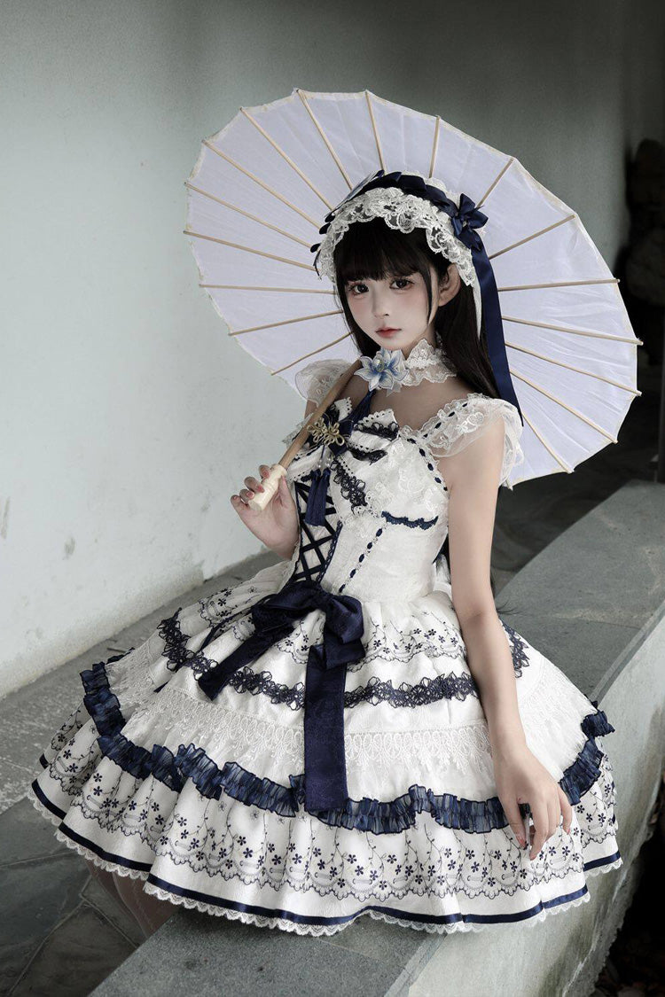 Mandarin Duck Rhapsody Sleeveless Porcelain Printed Ruffled Bow Chinese JSK