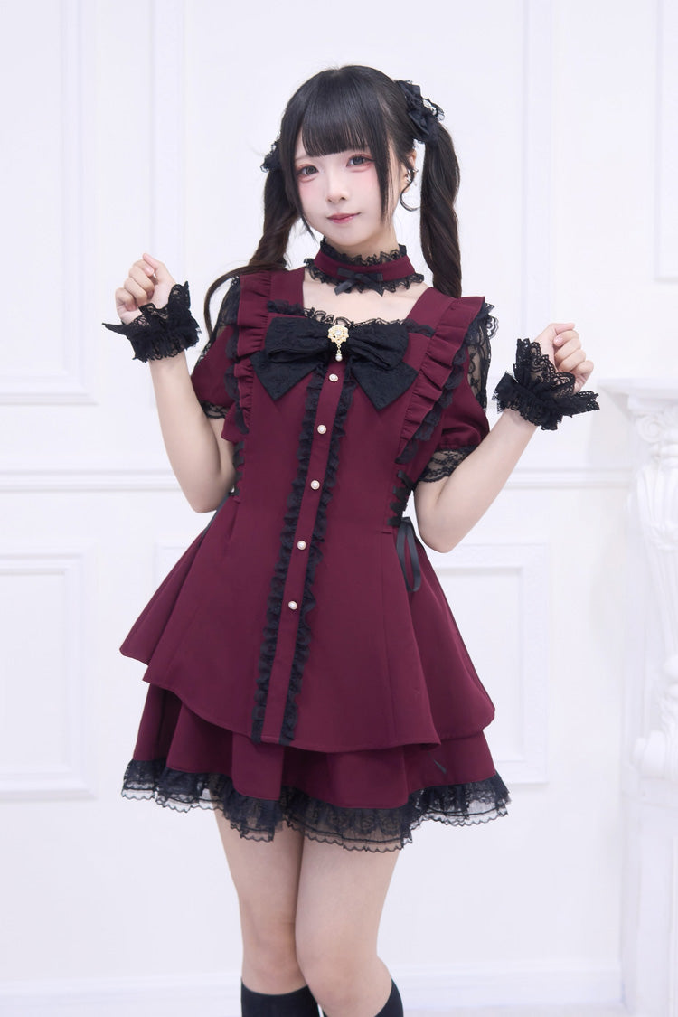 Crimson Waltz Ruffled Bow Gothic Jirai Dress Ensemble