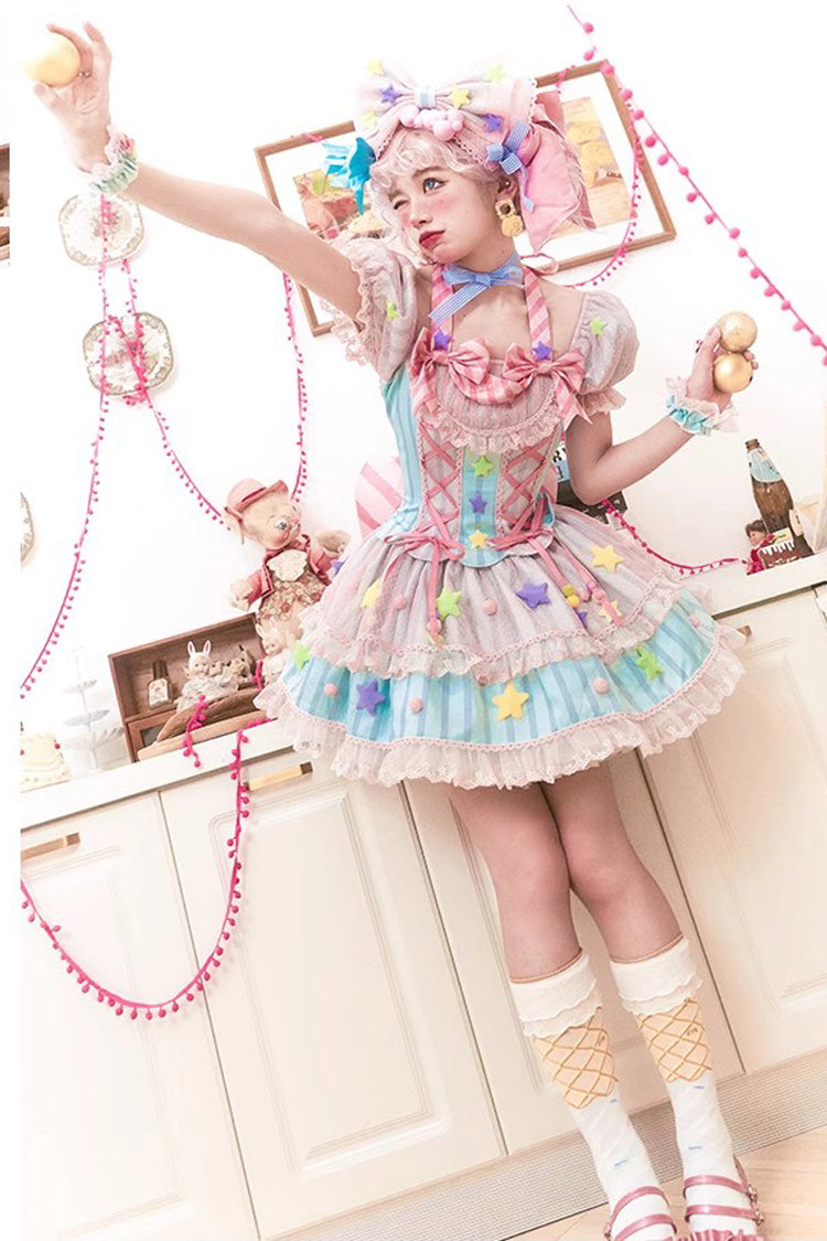 Pink Sugar Magic Print Ruffle Bow Lace Up Sweet Lolita Dress
