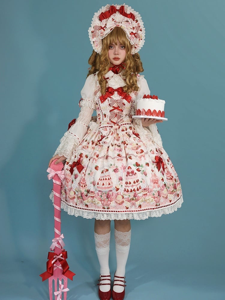and Sweet Full Bow Desserts Lolita Set Print White / JSK Accents Strawberry