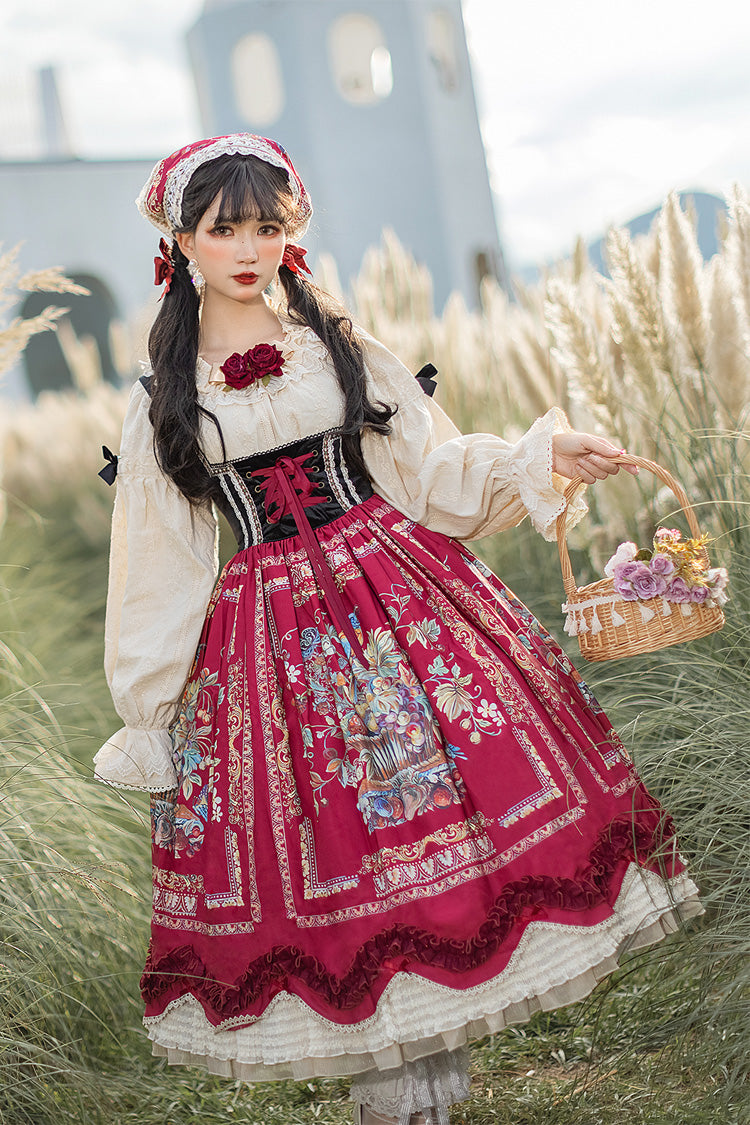 Wine Red Velvet Classic Lolita JSK Dress with Berries and Birds Print Ruffle Bowknot