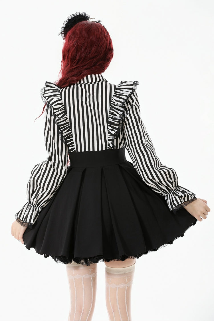 Striped Lapel Collar Long Sleeves Moon Lace Bow Ruffled Pleated Gothic Dress