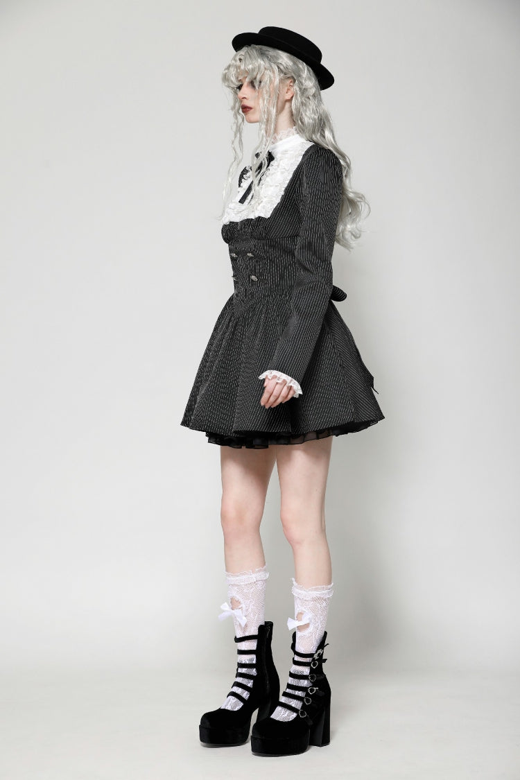 Black/White Striped Lace-Up Gothic Dress with Bow