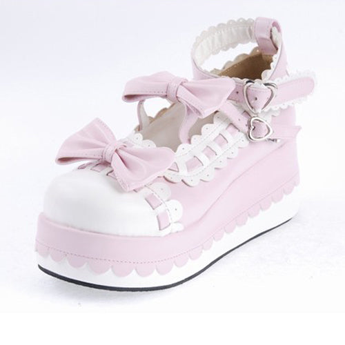 Rose Faux Leather Rounded Toe Ankle Strap Bow Decor Platform Lolita Footwear