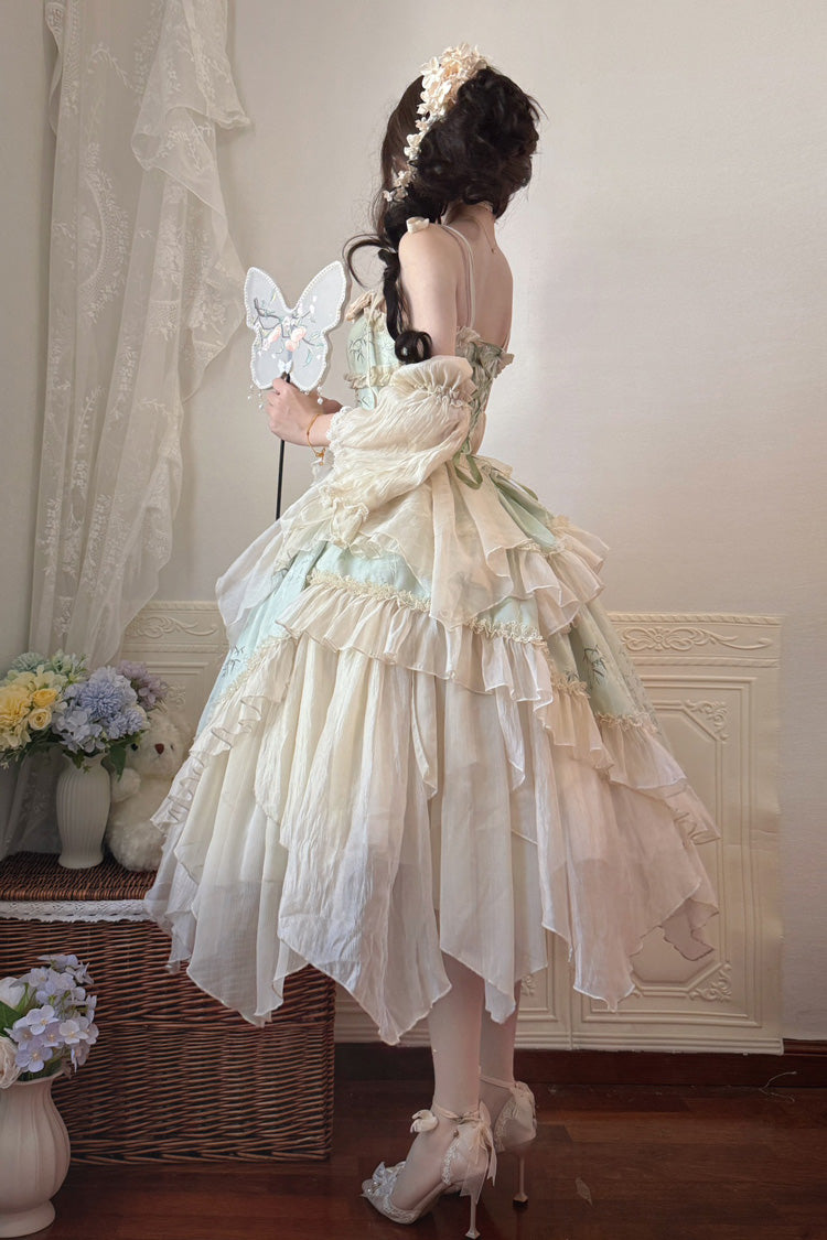 Green Tea Bamboo Song Sleeveless Jacquard Ruffle Bow Lace Chinese Ballet Jsk Dress