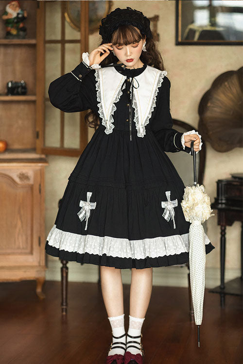 Ebony Gothic OP Dress - Cross Doll Collar Ruffled