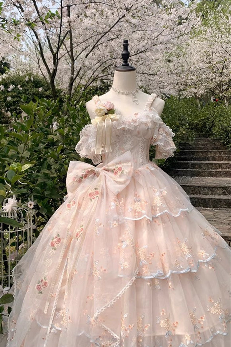 Sweet Apricot Sleeveless Layered Ruffle Lace Bow Hanayome JSK Lolita Gown