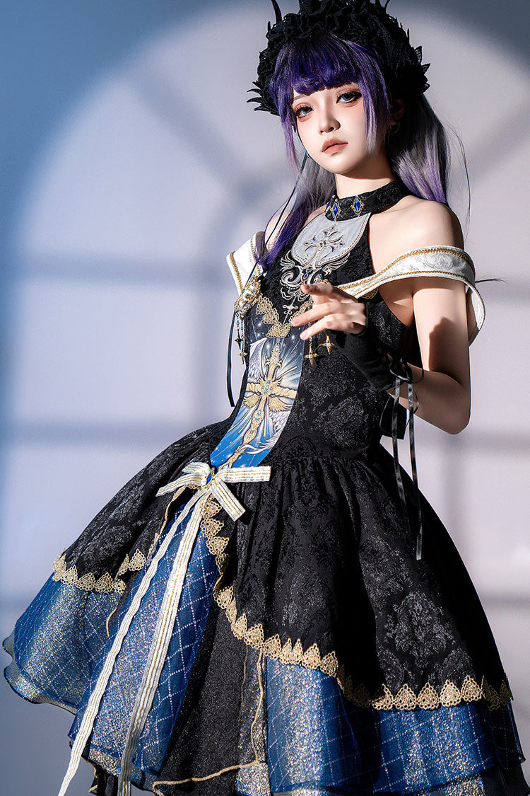 Black Blue Universe Off Shoulder Halterneck Sleeveless Embroidered Cardigan Gothic Princess Dress