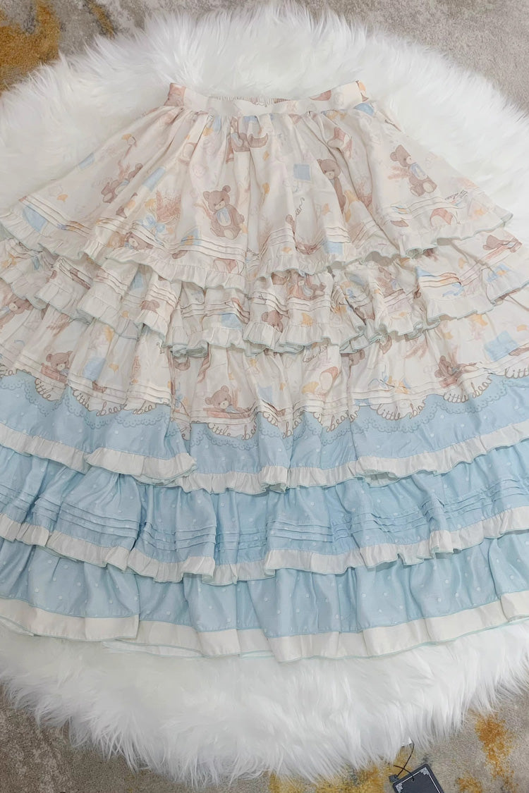 Harvest Bear Print Multi-Layered Ruffle Bowknot Sweet Plus Size Blue Apricot Dress - Harvest Bear
