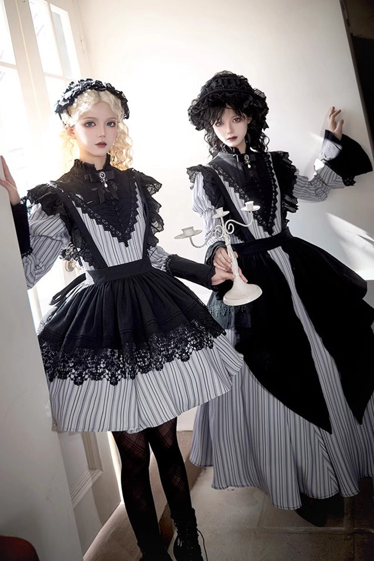 Grey Vertical-Stripe Bow Lace Gothic Gown