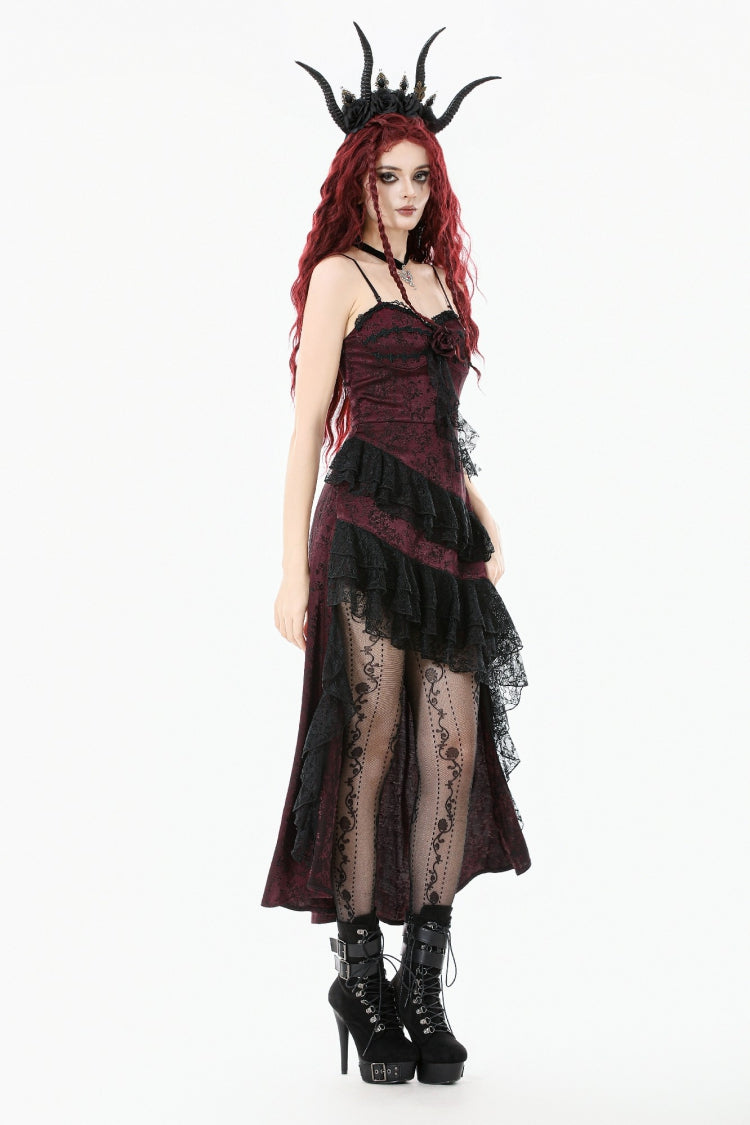 Rose Irregular Multi-Layered Lace Ruffled Gothic Slip Dress Wedding Dress