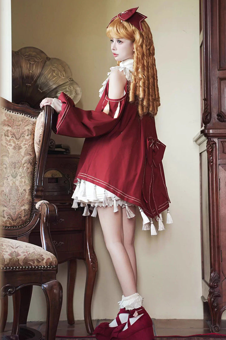 Crimson Starry Night Gown with Ruffled Sleeves and Embroidery