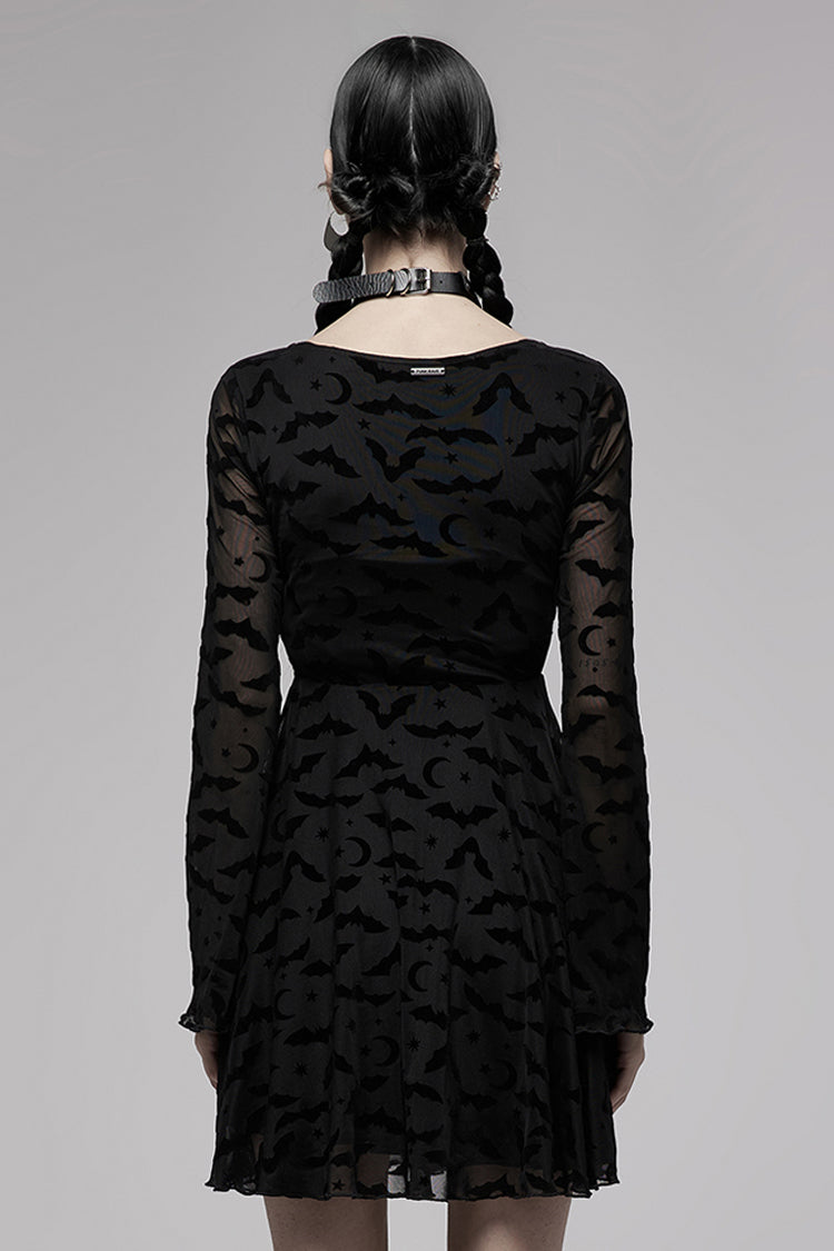 Minimalist Flared Sleeve Bat Moon Flocking Print Long Dress