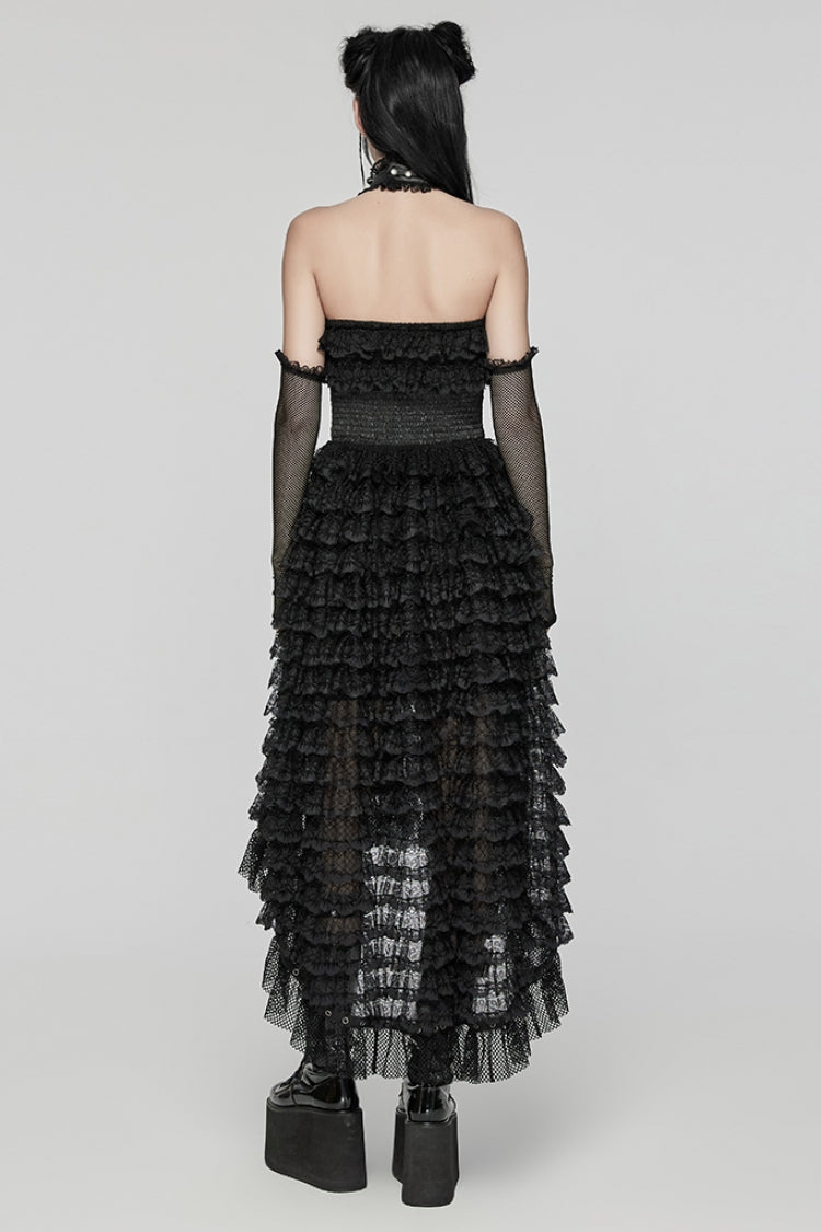 Soft Black Ruffle Lace Long Sleeve Halter Punk Dress