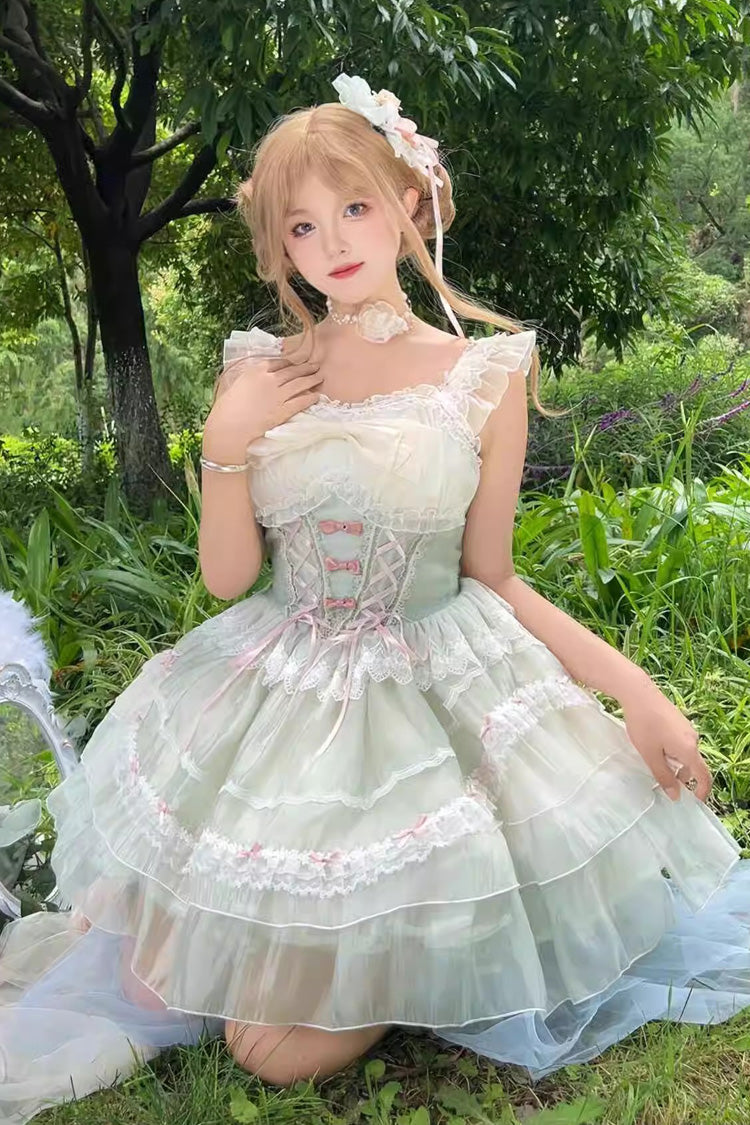 Green Camellia Bow Lace-Up Sweet JSK