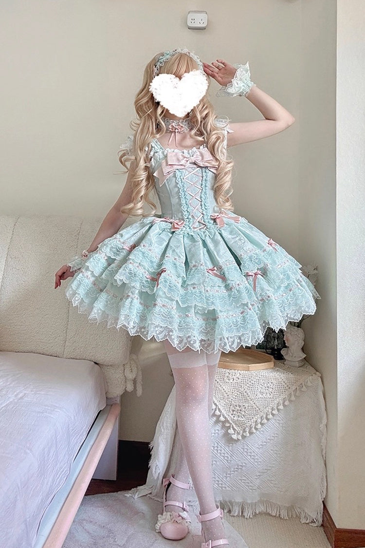 Green Sleeveless Ruffled Bow Lace-Up Sweet Elegant JSK - Flora Isle Butterfly