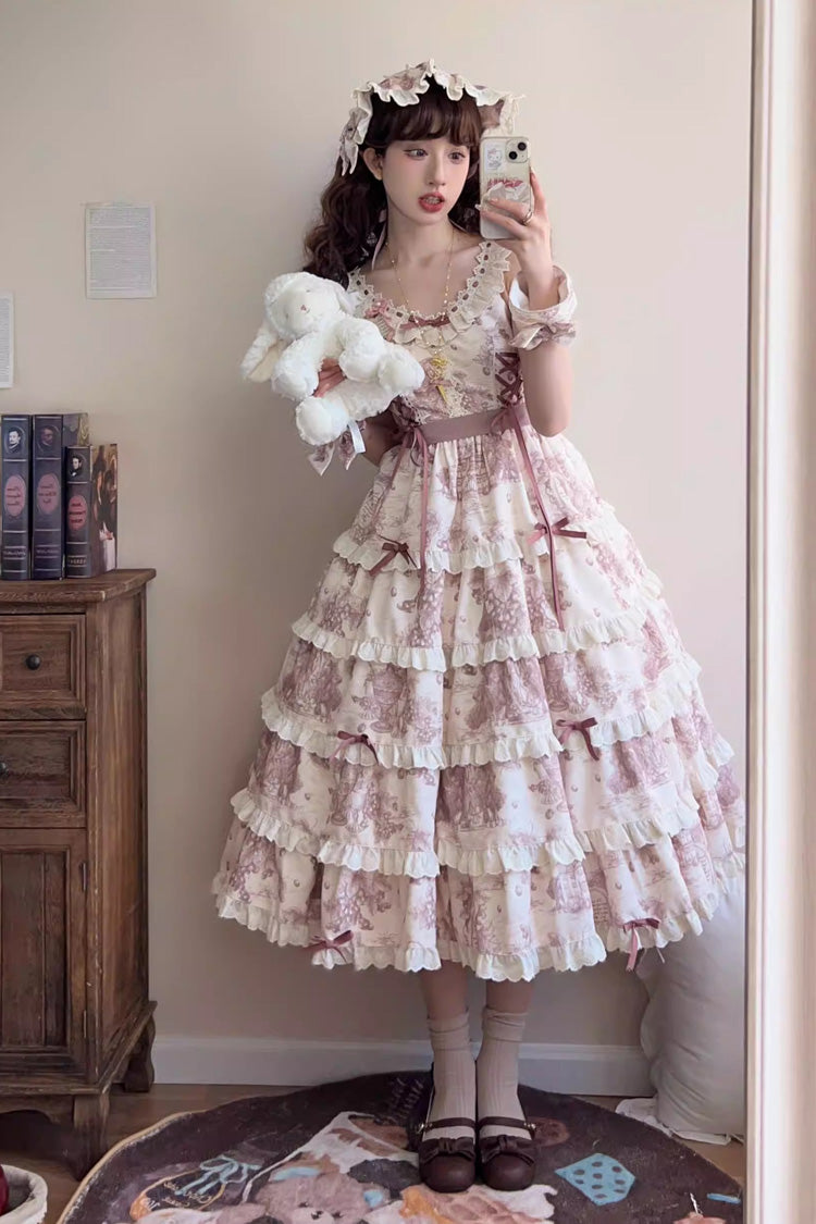 Grape Moon Almanac Sleeveless Multi-Layer Printed Ruffled Bow Adjustable Sweet Lolita JSK Dress
