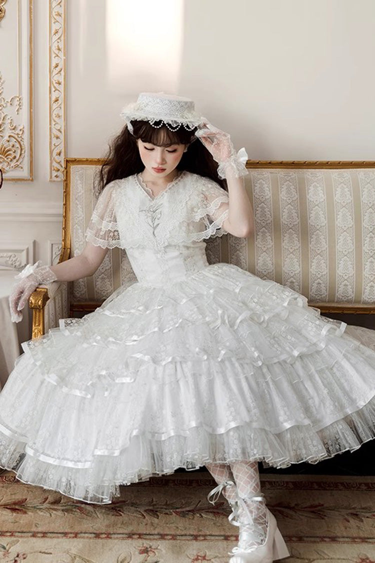 Ivory Morning Dew Lily Short Sleeve Multi-Ruffle Embroidery Elegant Lolita Gown