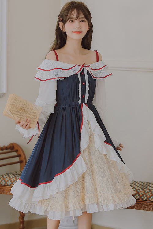 Cerulean and Ivory Strapless Ruffled Chiffon High Waist Sweet Lolita Gown with Long Sleeves