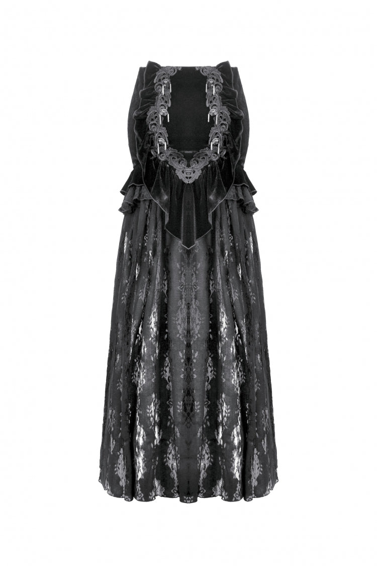 Gothic Velvet Long Skirt with Lace and Lace-Up, Black