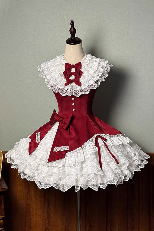 Red Asymmetric Lace Bow Sleeveless Multi-Layer Ruffle Sweet Lolita Dress - Miss Tsundere