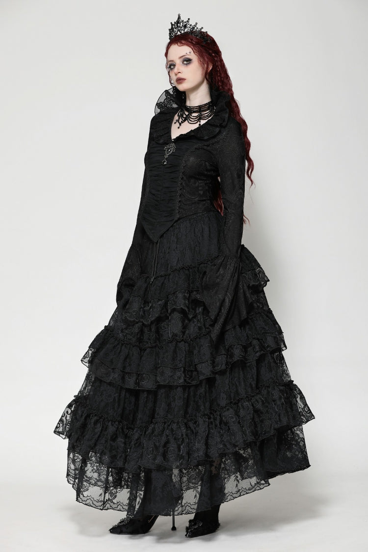 Ruffled V Stand Collar Long Flared Sleeve Jacquard Gothic Blouse for Women Lace