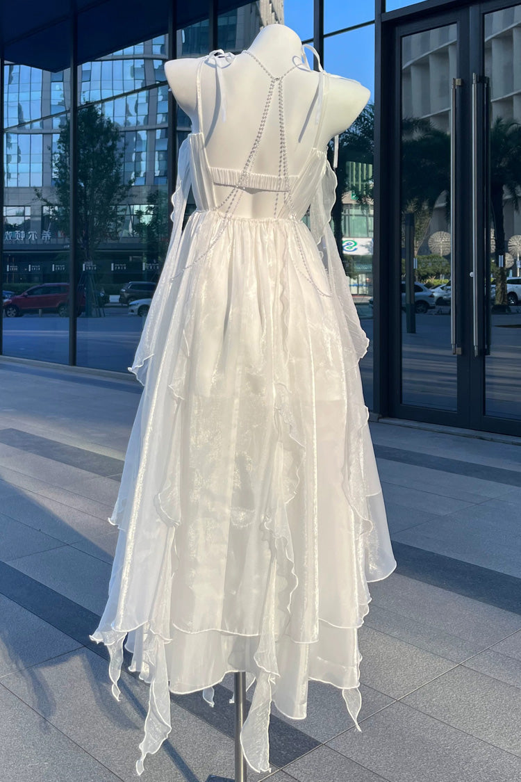 White Asymmetric Sweet Lolita JSK Dress with Chiffon and Bowknot Backless Style