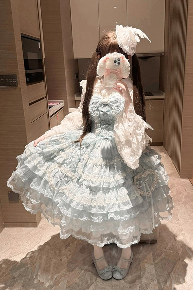 Blue Multi-Layered Ruffled Hanayome Embroidered Bow Lace Sweet JSK - Sweetheart Diary