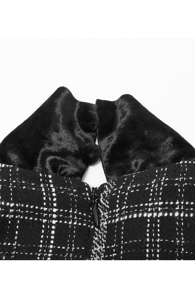 Checked Wool Velvet Bow Detail V-Neck Tie Punk Dress