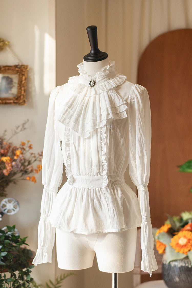 Ivory Misty Forest Stand Collar Long Sleeve Ruffle Vintage Elegant Blouse