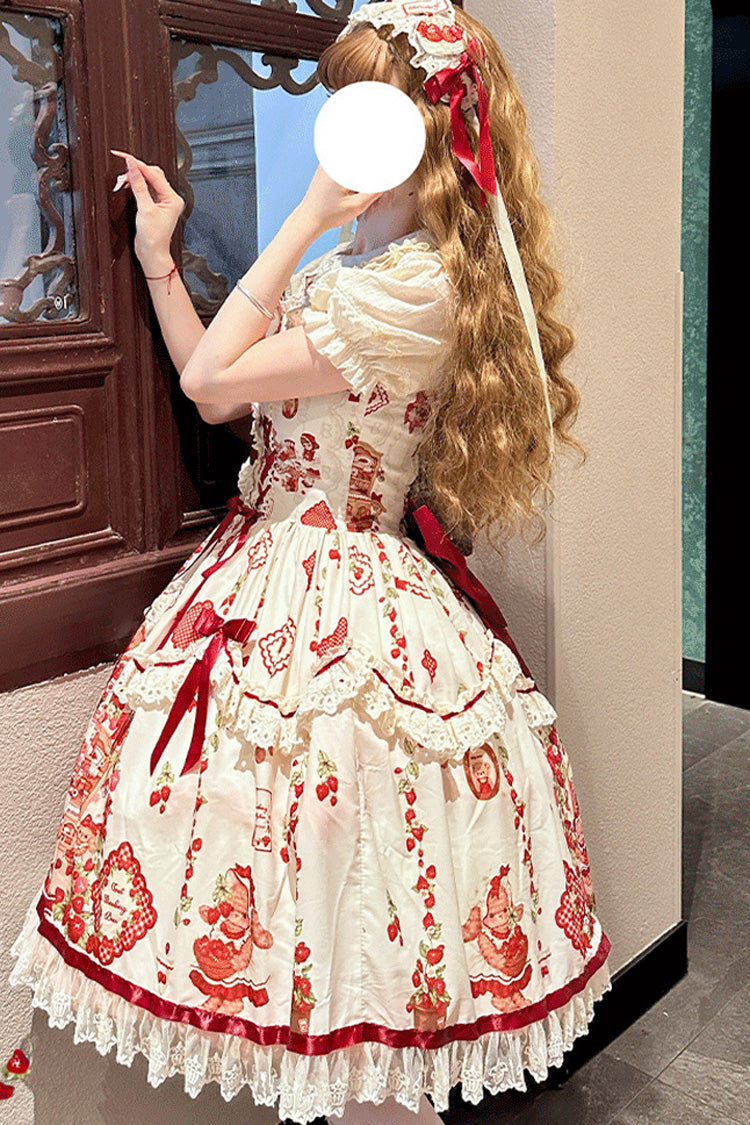 Strawberry Bear Print Sleeveless Lolita JSK with Lace