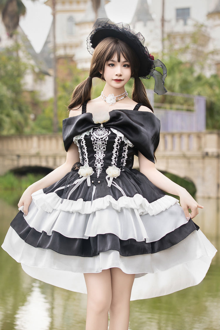 Starry Night Sea Rose Off-Shoulder Multi-Layered Ruffle Embroidered Lolita