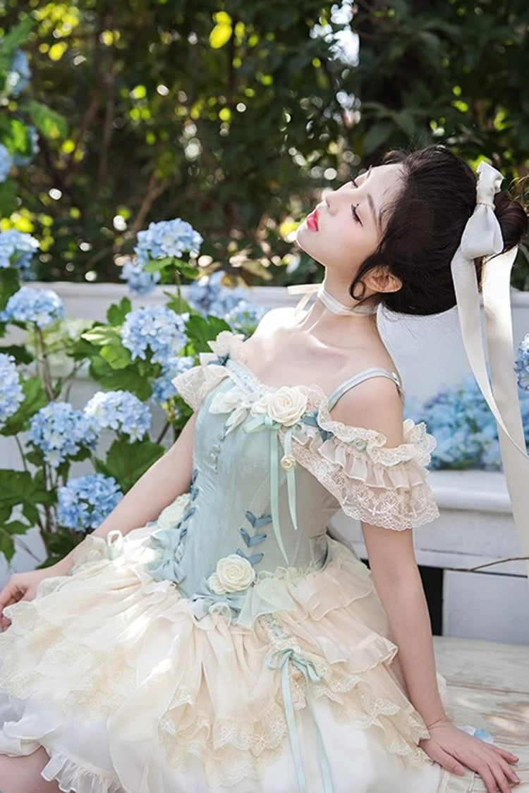 Green Off-Shoulder Bow Lace Ballet Tiered Dress