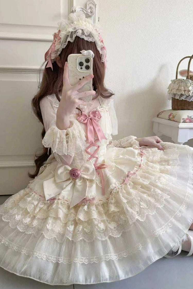Apricot Sweet Lolita JSK Dress with Multi-Layer Bowknot Lace-Up and Pearl Ballet Details