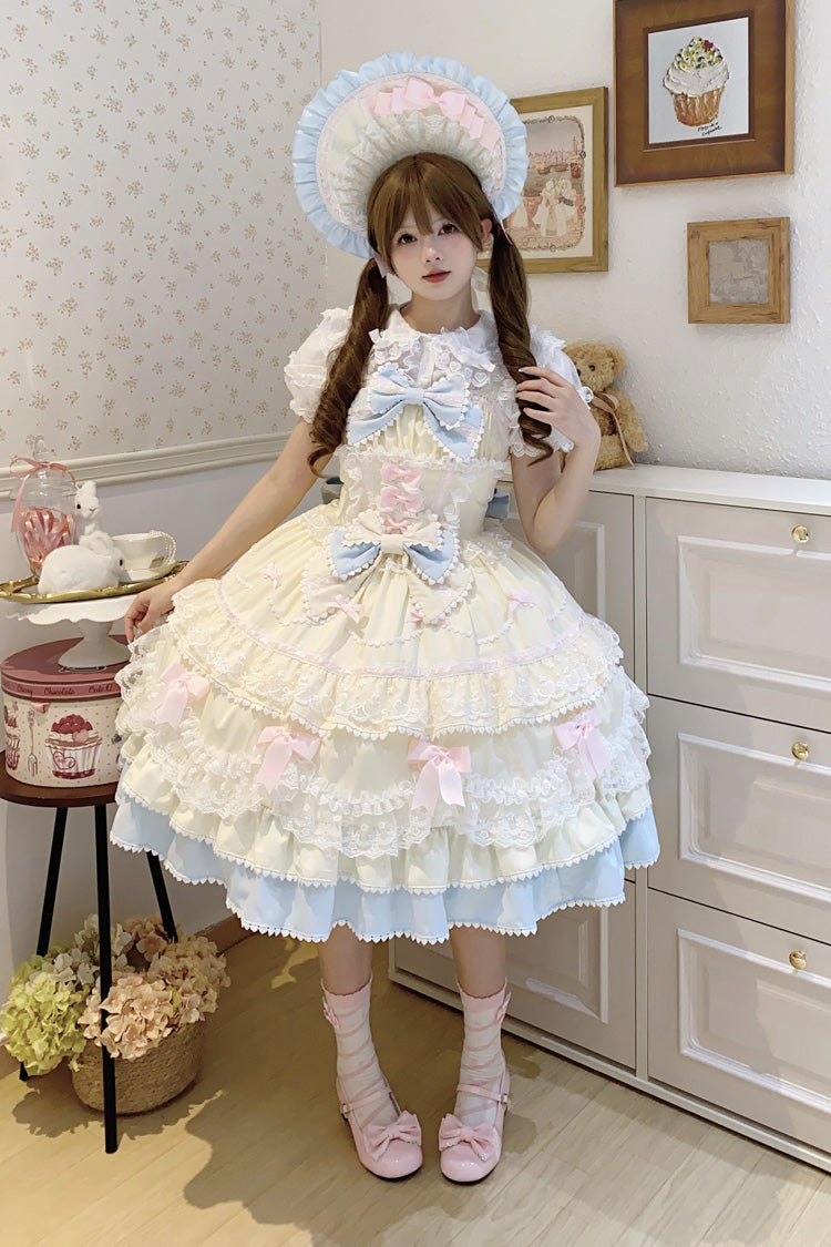 Yellow Blue Fondant Cake Sleeveless Layered Ruffle Bow Lace Sweet Jsk Dress