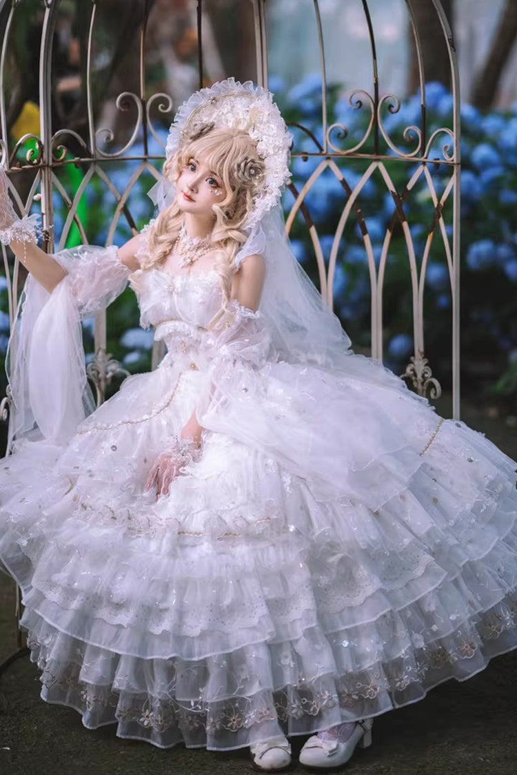 Ivory Gothic JSK with Multiple Ruffled Layers and Bow - Dreamy Waltz