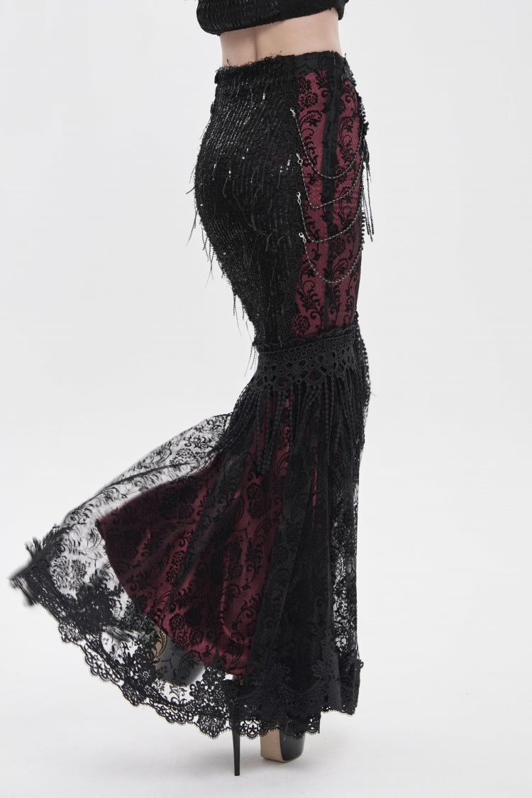 Noir & Red Embroidered Pearl-Adorned Slim Gothic Skirt