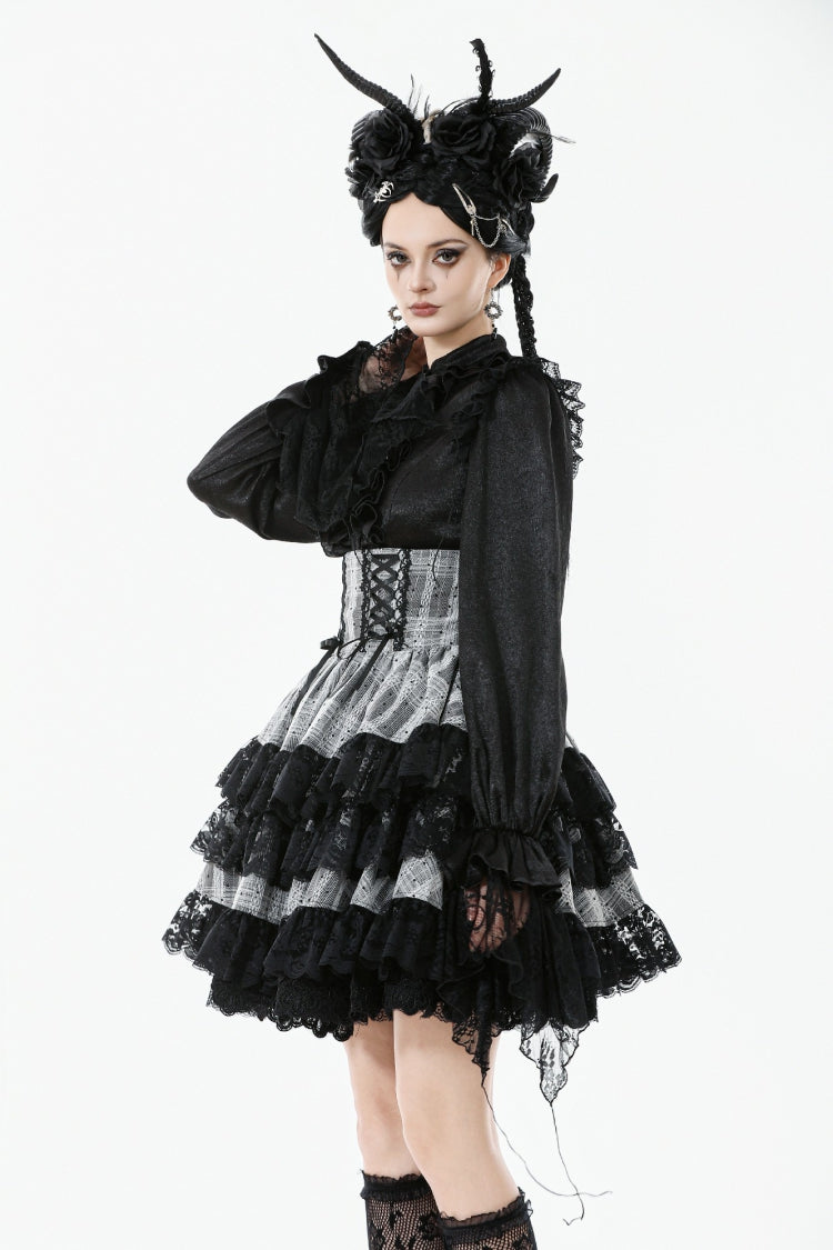 High Waist Lace-Up Ruffled Layered Hem Skirt - Lolita