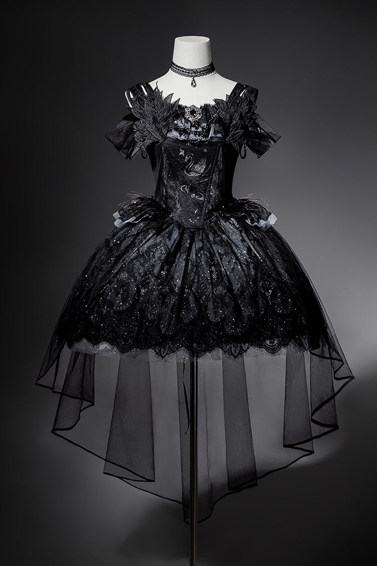 Star Swan Dream Ruffle Embroidery Bow Lace Gothic JSK Dress in Black