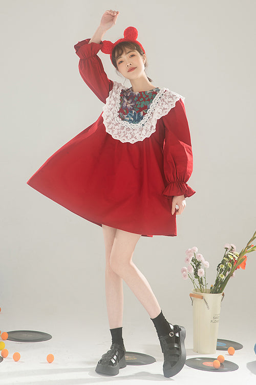 Scarlet Lace Panel Round Collar Ruffled High Waist Lolita OP